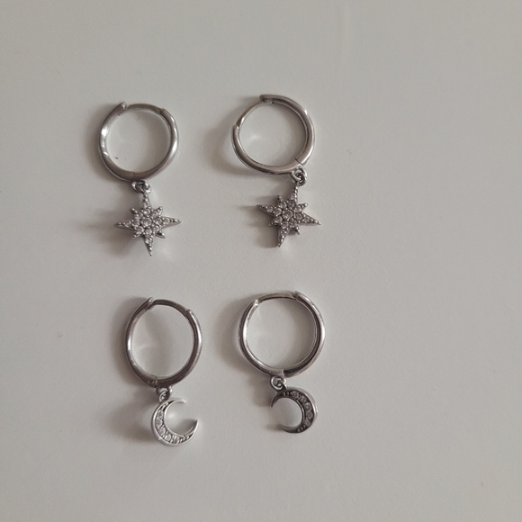  2 Pairs 925 Sterling Silver Moon Star Dangle Hoop Earring - Picture 4 of 6